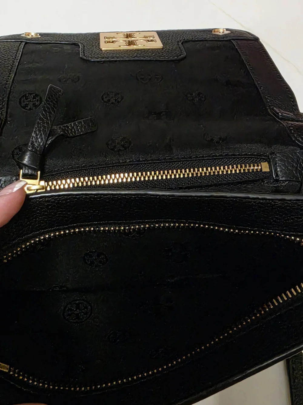 Tory Burch Black Leather Crossbody with Gold Logo Chain